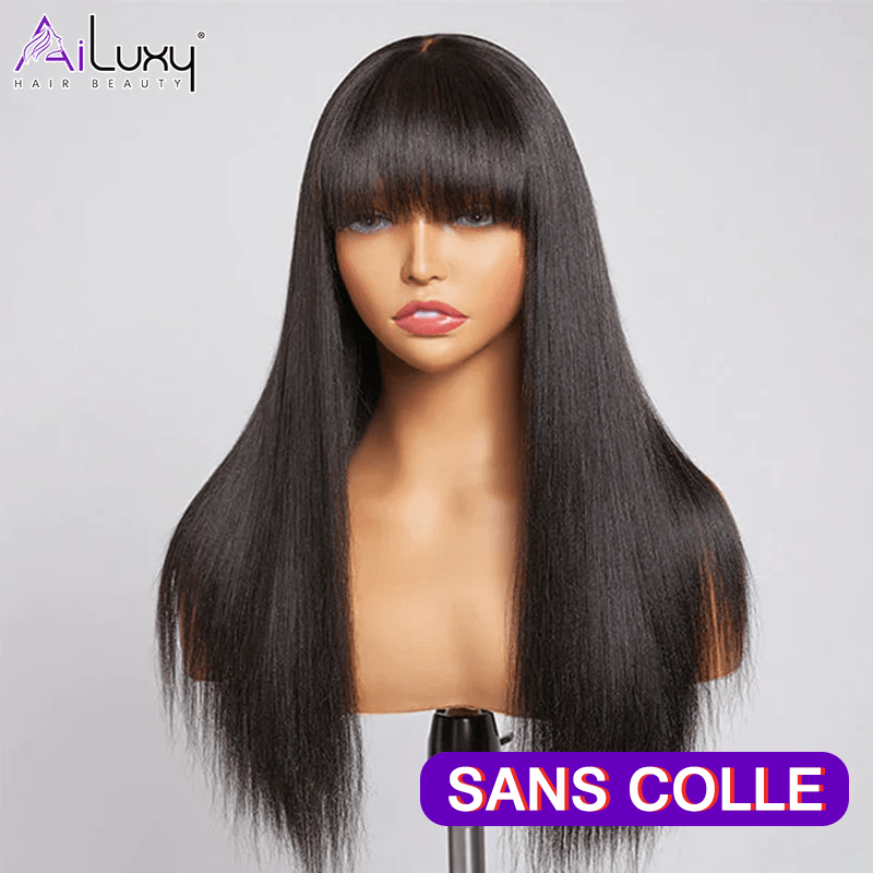 (En France)AILUXY Perruque 100% fabriqué à la machine Lisse Longue Noir Perruque 100% Cheveux Humains