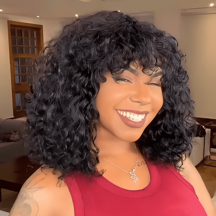 AILUXY Bouclé Noir Bob Perruque Avec Frange Fabriquée à la Machine 100% Cheveux Humains  comme sur la vidéo 2 - 3 jours reçus+Un beau cadeau