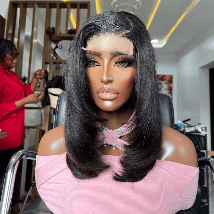 La Mode AILUXY 4x4 Lace Perruque Lisse Bob Perruque Courte Noire 200% densité 100% cheveux humains