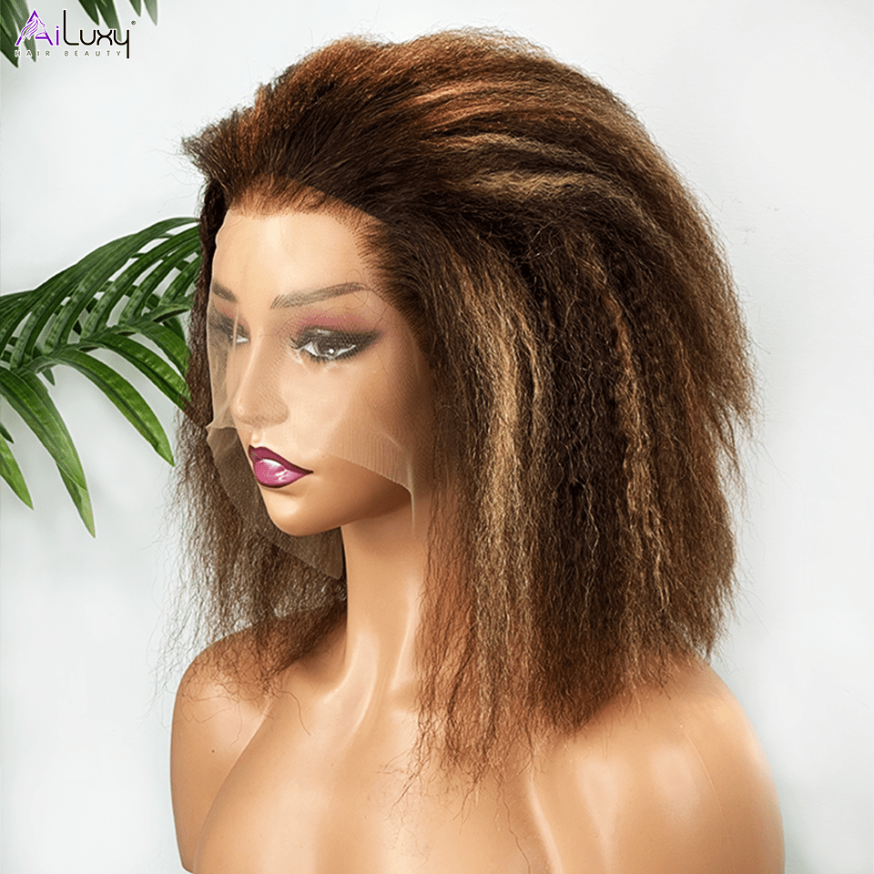 AILUXY 13x4 Lace Frontal Perruque Kinky Lisse Longue #4/27 200% Densité 100% Cheveux Humains