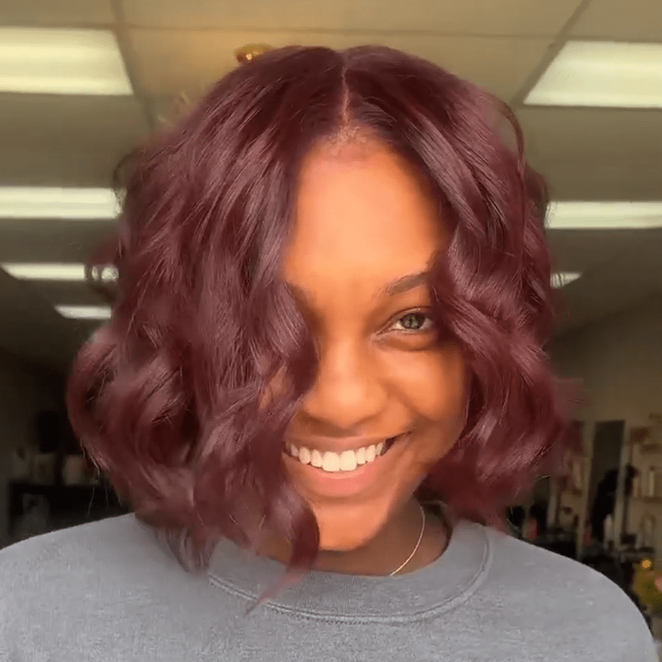 AILUXY 13x4 Lace Frontal Perruque Natural Wave Courte 99J Bourgogne Bob Perruque 200% Densité