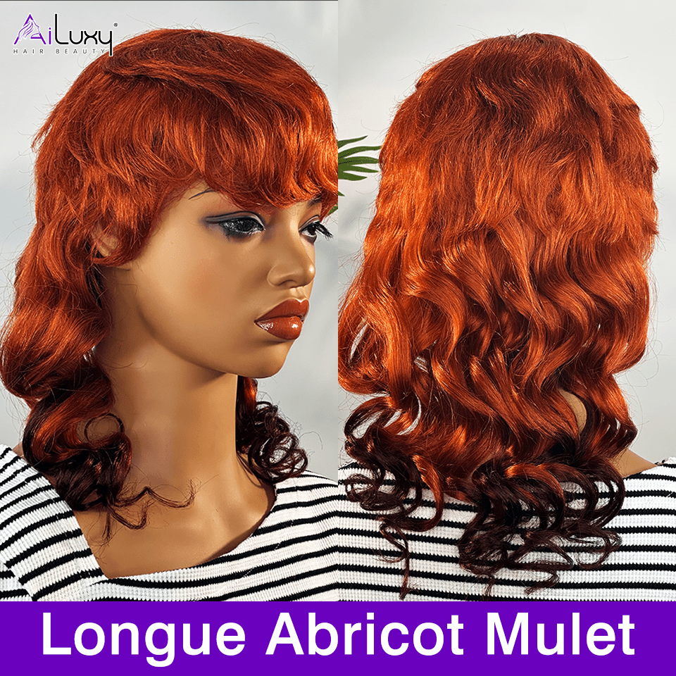 AILUXY Longue Orange Mulet Mulet Perruque 100% Cheveux Humains comme sur la vidéo