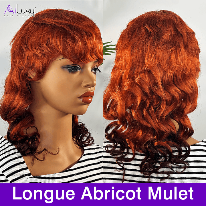 AILUXY Longue Orange Mulet Mulet Perruque 100% Cheveux Humains comme sur la vidéo
