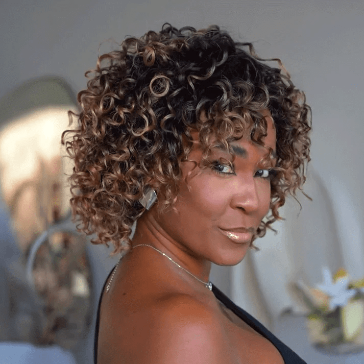 Ailuxy Glueless Couleur Blond Foncé Doré Ombré Perruque Sans Colle Bouclé Bob