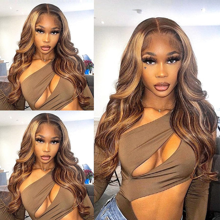 AILUXY 13x4 Lace Frontal Body Wave Longue Brun Balayage Miel #4#27 Perruque 100% Cheveux Humains