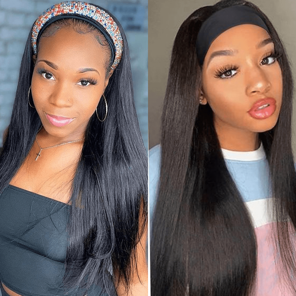 AILUXY Perruque Bandeau Lisse Longue Noir Perruque 100% Cheveux Humains