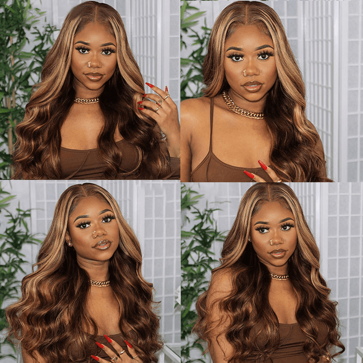 AILUXY 13x4 Lace Frontal Body Wave Longue Brun Balayage Miel #4#27 Perruque 100% Cheveux Humains