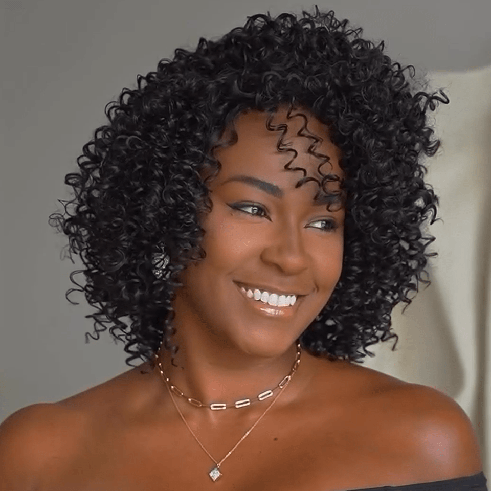 AILUXY Perruque entièrement fabriquée à la machine BOB bouclée avec frange droite, style polyvalent