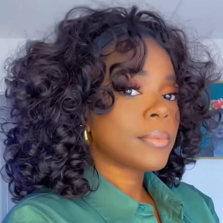 Ailuxy Couleur Noir Perruque Rouler pleine densité, sans colle Fascinant perruque