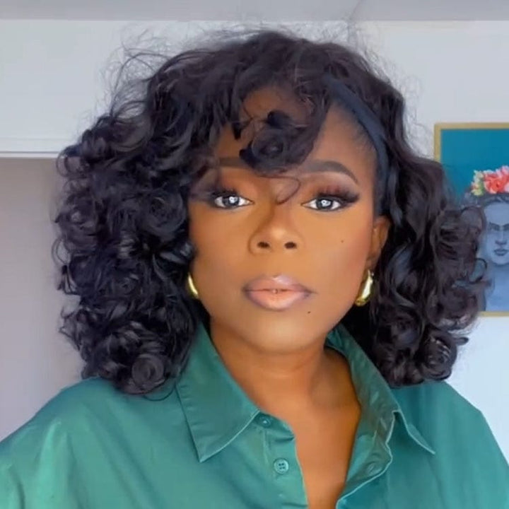 Ailuxy Couleur Noir Perruque Rouler pleine densité, sans colle Fascinant perruque