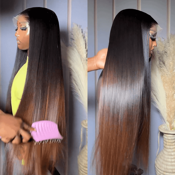 AILUXY 13x4 Lace Frontal 1B30 Noire Lisse Longue Perruque 200% Densité 100% Cheveux Humains