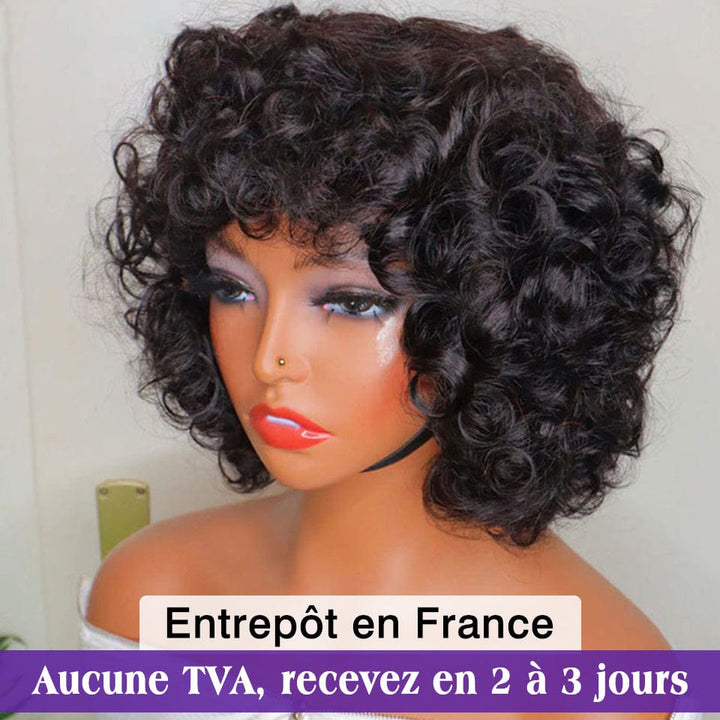 AILUXY Perruque Frange Noire Egg Wave | 100% Cheveux Humains, Coupe Courte Élégante