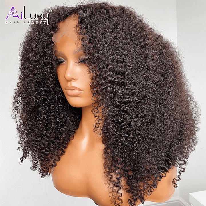 AILUXY  4x4 Lace Closure Perruque Bob Perruque Afro Curly Noir 100% Cheveux Humains