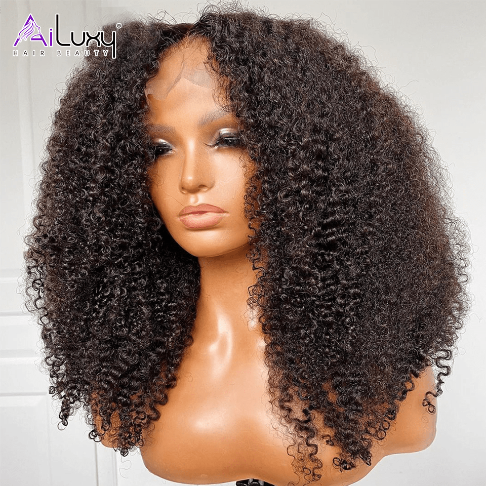 AILUXY  4x4 Lace Closure Perruque Bob Perruque Afro Curly Noir 100% Cheveux Humains