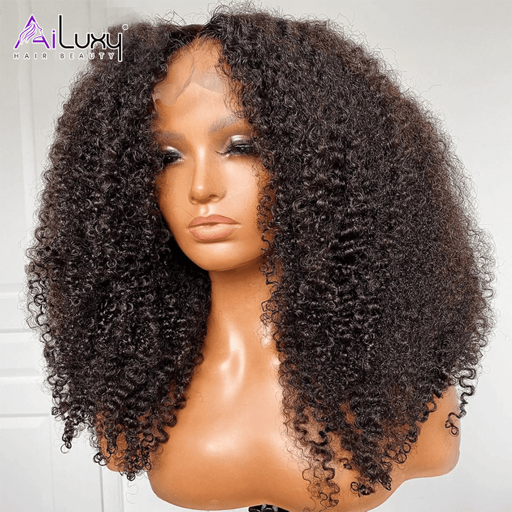 AILUXY  4x4 Lace Closure Perruque Bob Perruque Afro Curly Noir 100% Cheveux Humains