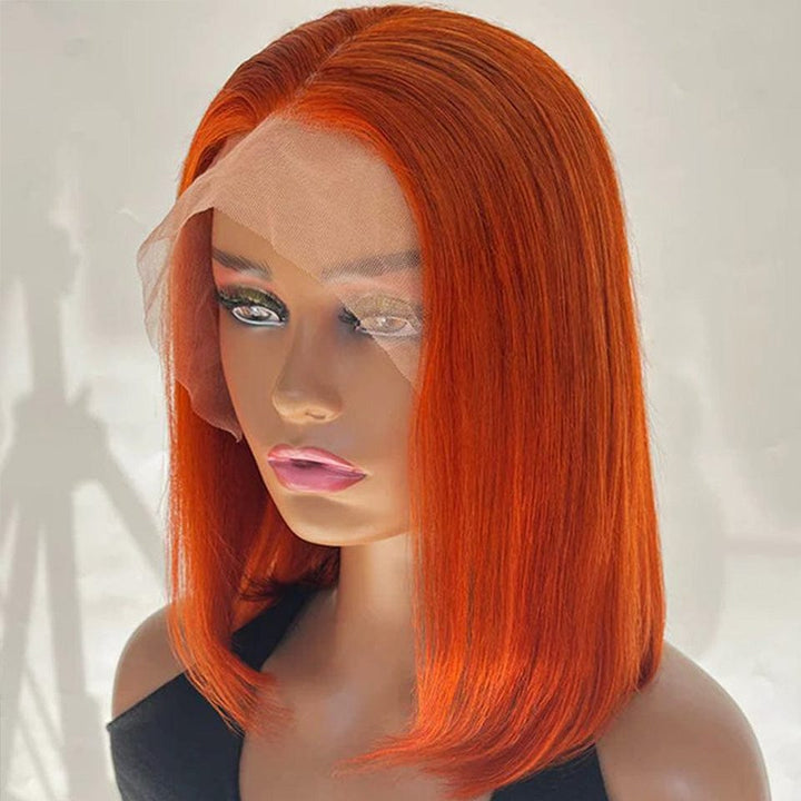 AILUXY 13x4 Lace Frontal Perruque Lisse Courte Orange Bob Perruque 200% Densité 100% Cheveux Humains