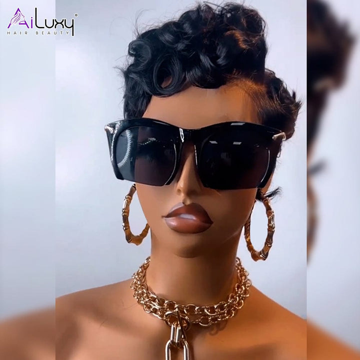 AILUXY Perruque Pixie en dentelle ondulée en soie