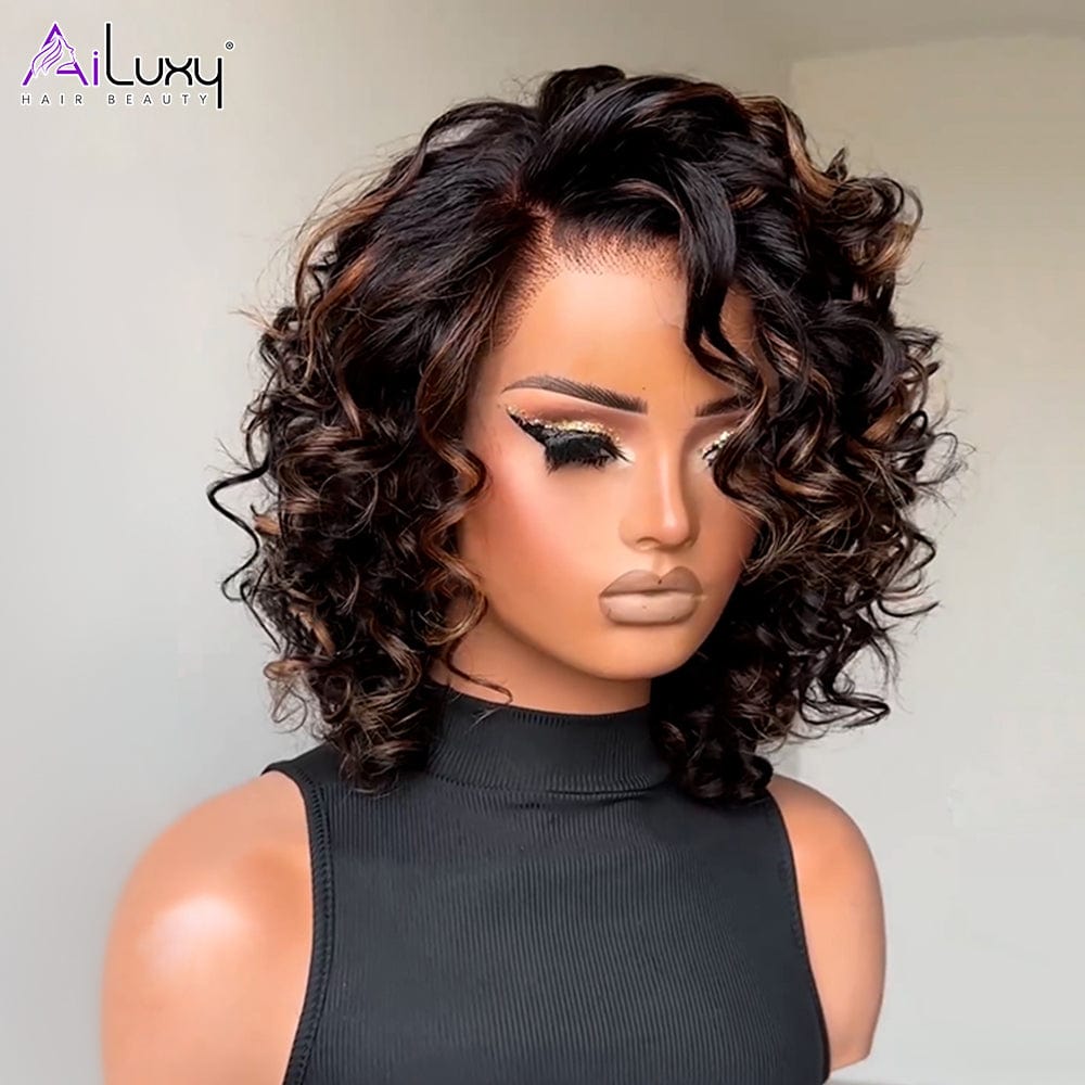 AILUXY Perruque 13x4 Lace Closure Perruque BOB Curly 200% densité 100% Cheveux humains