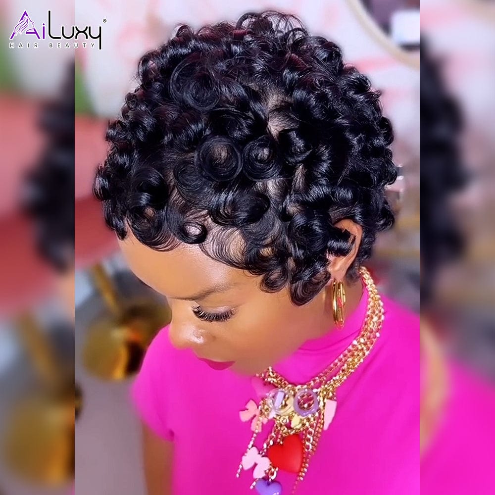AILUXY Perruque Pixie en Dentelle avec Finition Ondulée en Soie 2.0