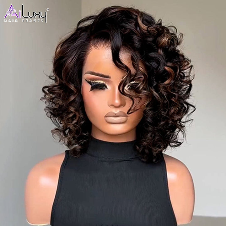 AILUXY Perruque 13x4 Lace Closure Perruque BOB Curly 200% densité 100% Cheveux humains