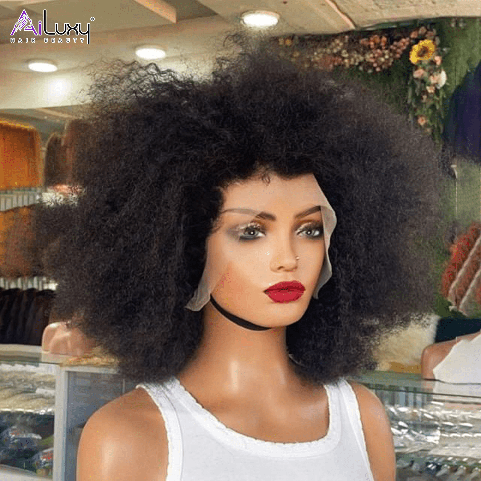AILUXY  13x4 Lace Closure Perruque Bob Perruque Afro Curly Noir 100% Cheveux Humains