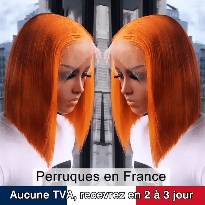 AILUXY 13x4 Lace Frontal Perruque Lisse Courte Orange Bob Perruque 200% Densité 100% Cheveux Humains