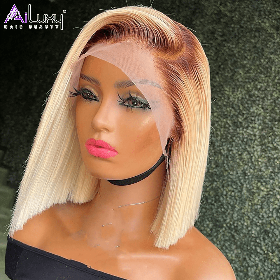 AILUXY 13x4 Lace Frontal Blond Avec Racine Marron Bob 200% densité Perruque Lisse Courte Perruque 100% Cheveux Humains
