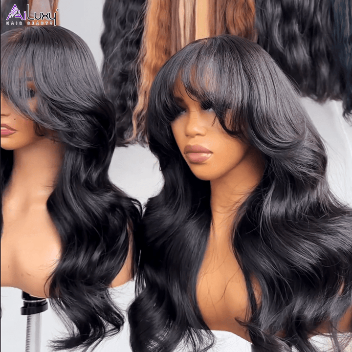 AILUXYl Body Wave Longue Noir Perruque 200% densité  100% Cheveux Humains Je voudrais comme sur la vidéo