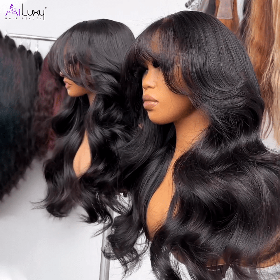 AILUXYl Body Wave Longue Noir Perruque 200% densité  100% Cheveux Humains Je voudrais comme sur la vidéo