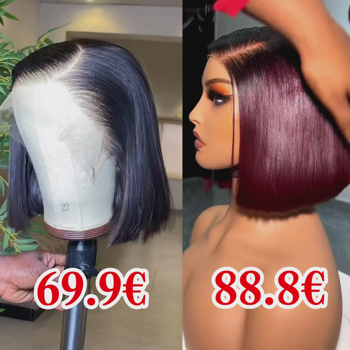 AILUXY 13x4 Lace Perruque Lisse Bob Perruque Courte 1B/99J 200% densité 100% cheveux humains comme sur la vidéo 2 - 3 jours reçus+Un beau cadeau