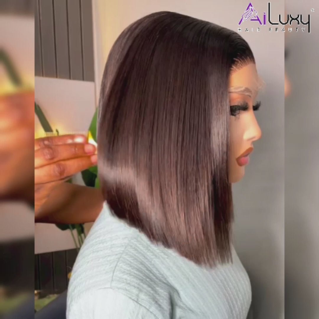 AILUXY 4x4 Lace Closure Perruque Lisse Bob Perruque Courte Noire 200% densité 100% cheveux humains