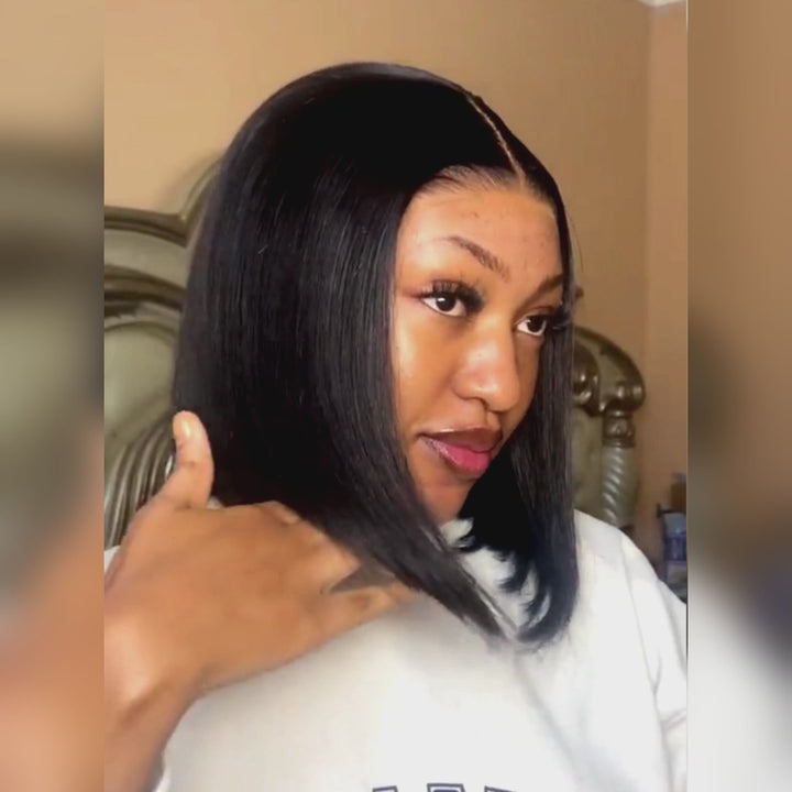 AILUXY Perruque Sans Colle 13x4 Lace Closure Perruque BOB Perruque Lisse 200% densité 100% Cheveux humains comme sur la vidéo 2 - 3 jours reçus+Un beau cadeau