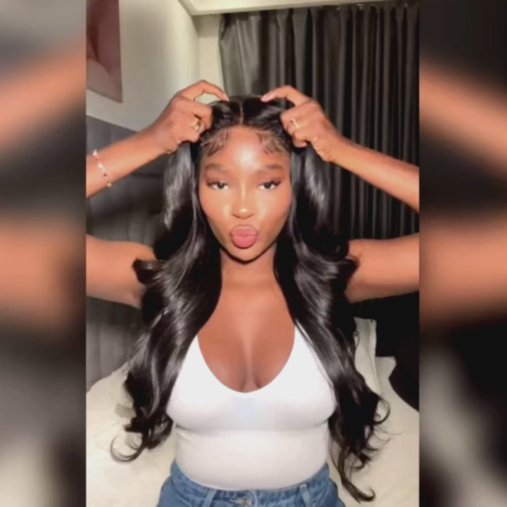 AILUXY Perruque Sans Colle 4x4 Lace Closure Perruque BOB Body Wavy 200% densité 100% Cheveux humains perruque naturelle invisible