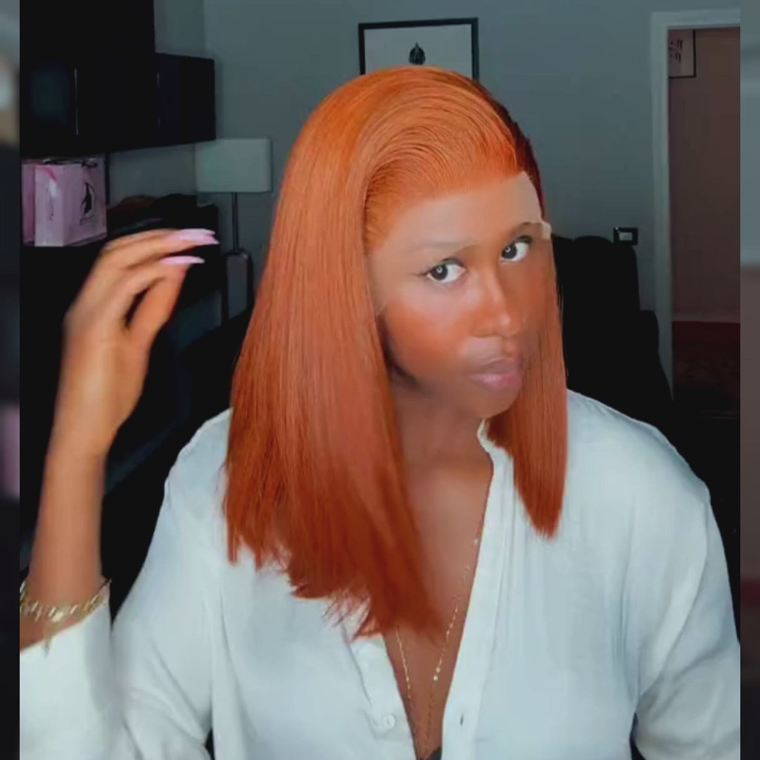 AILUXY 13x4 Lace Frontal Perruque Lisse Courte Orange Bob Perruque 200% Densité 100% Cheveux Humains