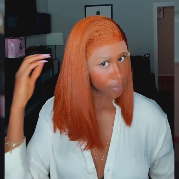 AILUXY 13x4 Lace Frontal Perruque Lisse Courte Orange Bob Perruque 200% Densité 100% Cheveux Humains