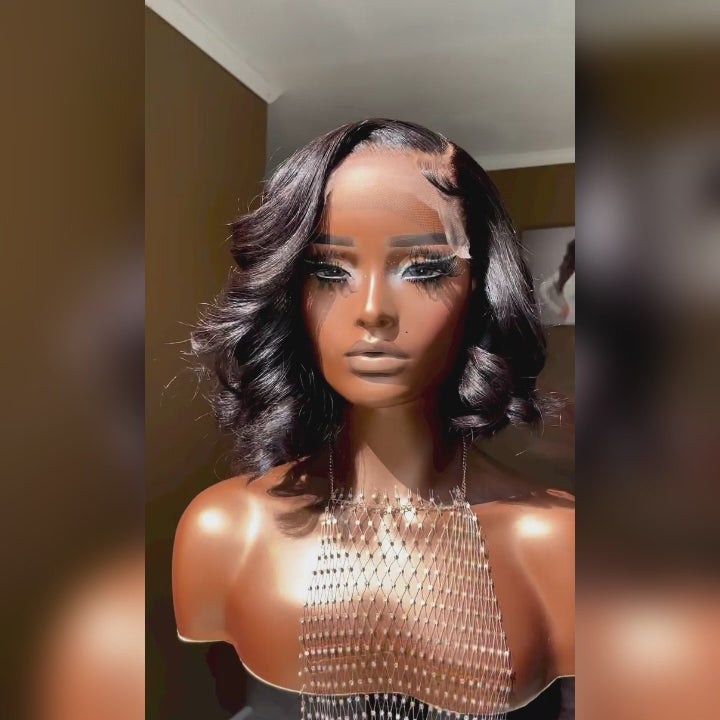 AILUXY 4x4 Lace Closure Perruque Body Wave Noir Courte Bob Perrruque 200% densité 100% cheveux humains