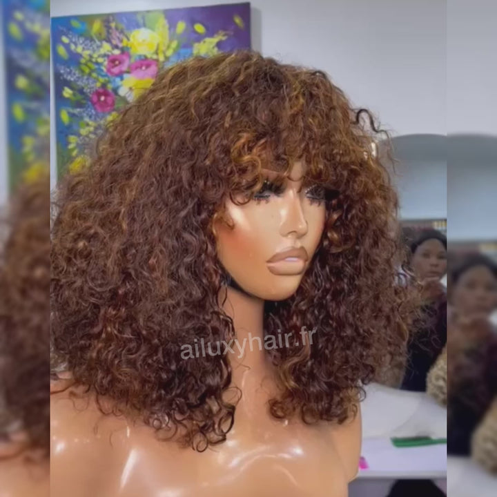 AILUXY Brun Balayage Miel Bouclé Courte Perruque Avec Frange 100% Cheveux Humains