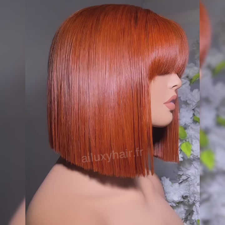 AILUXY Lisse Gingembre Orange Bob Perruque Avec Frange 100% Cheveux Humains