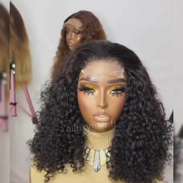 AILUXY 4x4 Lace Closure Perruque Boucleé Courte Bob Perruque Noir 250% densité 100% cheveux humains