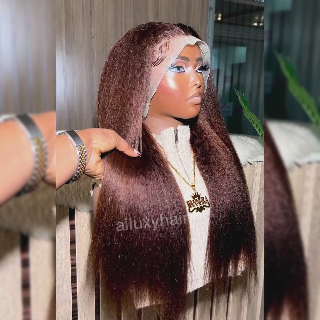 AILUXY 13x4 Lace Frontal Marron Kinky Lisse Longue Perruque 100% Cheveux Humains