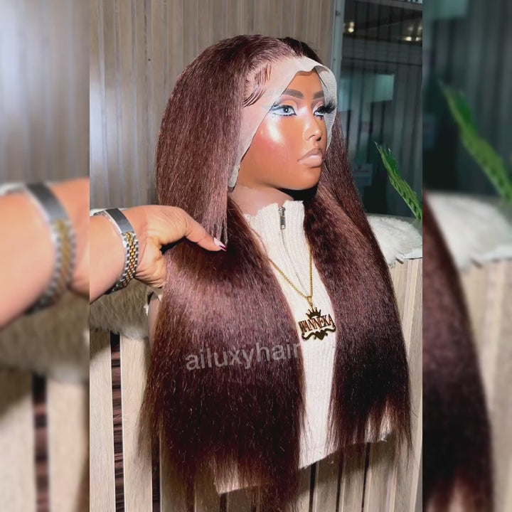 AILUXY 13x4 Lace Frontal Marron Kinky Lisse Longue Perruque 100% Cheveux Humains