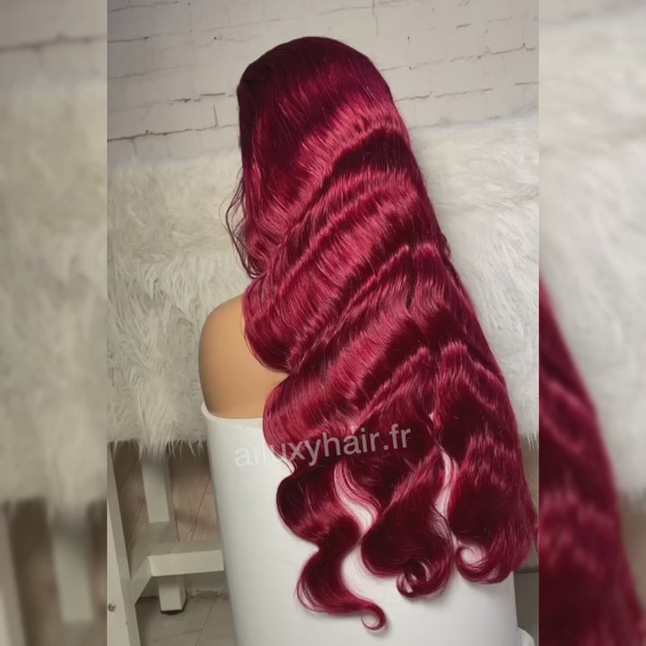 AILUXY 13x4 Lace Frontal 99J Bourgogne Body Wave Longue Perruque 100% Cheveux Humains