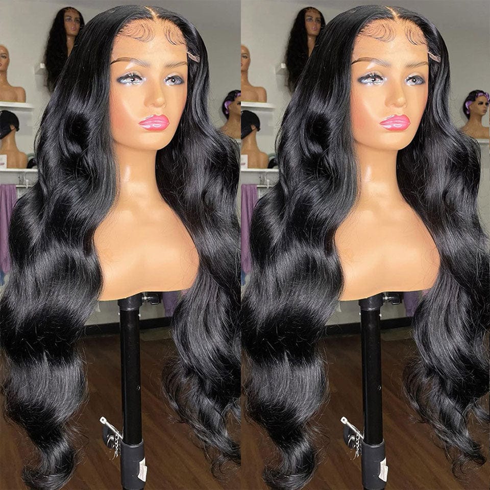 AILUXY Perruque de luxe 4X4 body wave faite de cheveux doublement tirés avec raie naturelle au milieu