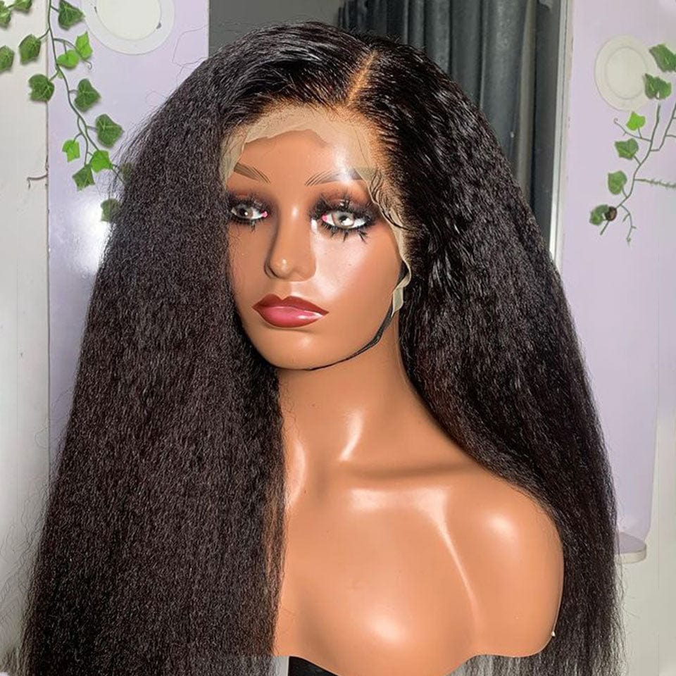 AILUXY 13x4 Lace Frontal Perruque Kinky Lisse Longue Noir 250% Densité 100% Cheveux Humains