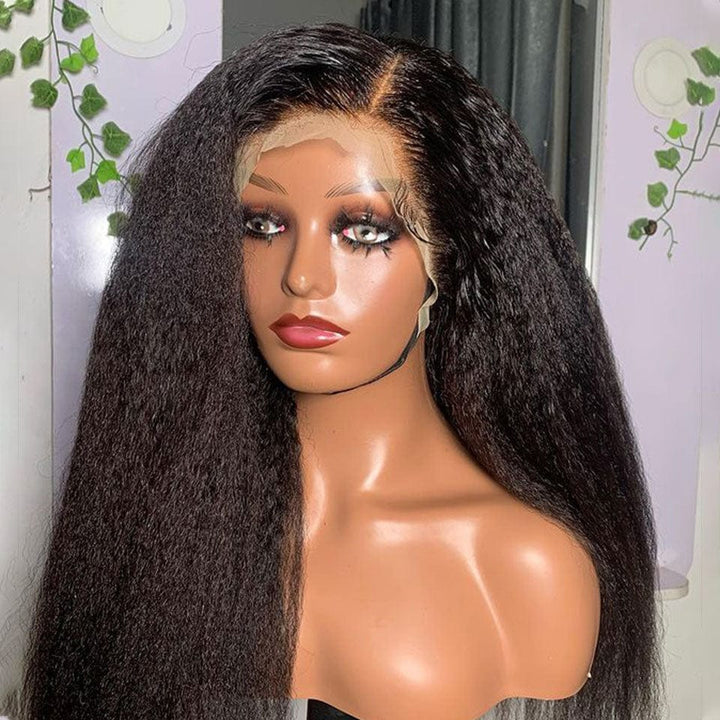 AILUXY 13x4 Lace Frontal Perruque Kinky Lisse Longue Noir 250% Densité 100% Cheveux Humains