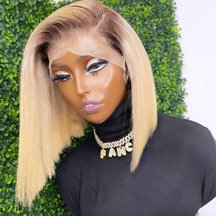 AILUXY 13x4 Lace Frontal Blond Avec Racine Marron Bob 200% densité Perruque Lisse Courte Perruque 100% Cheveux Humains