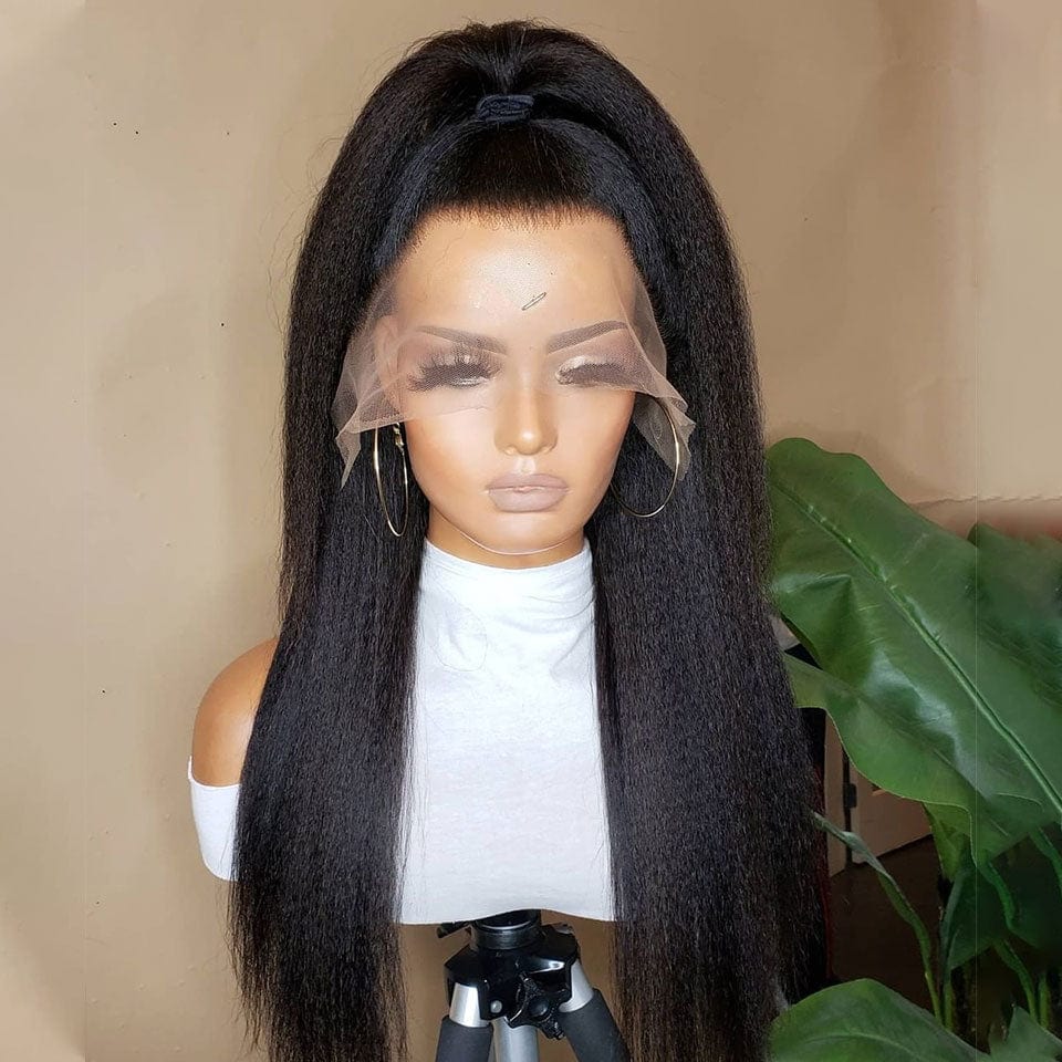 AILUXY 13x4 Lace Frontal Kinky Lisse Longue Noir Perruque 100% Cheveux Humains