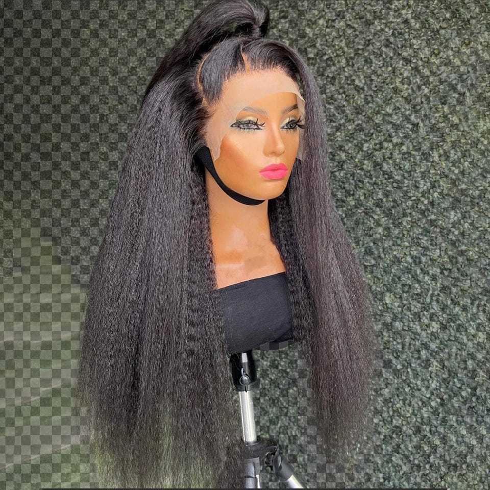 AILUXY 13x4 Lace Frontal Kinky Lisse Longue Noir Perruque 100% Cheveux Humains