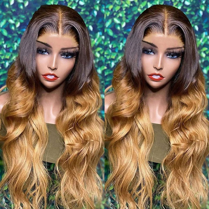 AILUXY 13x4 Lace Frontal Body Wave Longue Caramel Blond #4#27 Perruque 100% Cheveux Humains