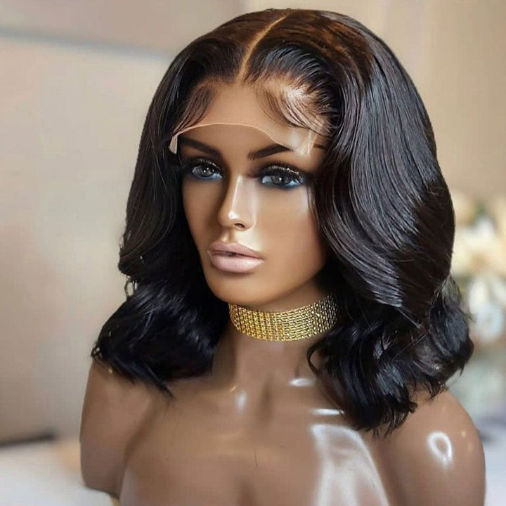 AILUXY 4x4 Lace Closure Perruque Body Wave Noir Courte Bob Perrruque 200% densité 100% cheveux humains
